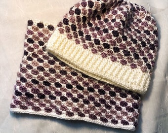 Purple and White Crochet Mermaid Scale Beanie and Cowl Set, Finished Items