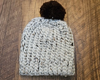 Children's Beanie Cream with Brown Pompom, Finished Item, Winter Hat
