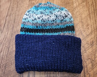 Reversible Beanie Navy Blue, Gray, and Black, Knit, Finished Item, Winter Hat