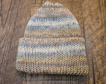 Striped Beige Knit Beanie with Brim, Finished Item, Winter Hat