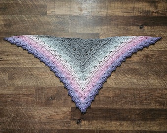 Crochet Triangle Shawl, Pink, Purple, and Grey Ombre, Finished Item, Handmade Scarf