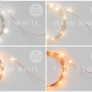 Puede incluir: Cuatro im&aacute;genes que muestran diferentes colores de luces de hadas de alambre de cobre. La primera imagen muestra luces blancas puras, la segunda muestra luces blancas c&aacute;lidas, la tercera muestra luces blancas c&aacute;lidas y la cuarta muestra luces de brillo de fuego. Cada imagen tiene el texto "Electric Crowns" en un c&iacute;rculo con una corona sobre el texto.