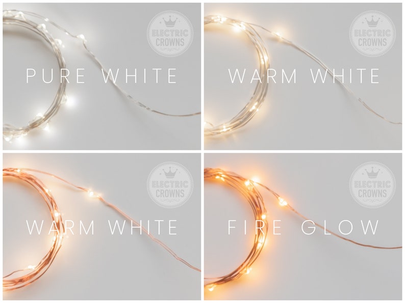 Puede incluir: Cuatro im&aacute;genes que muestran diferentes colores de luces de hadas de alambre de cobre. La primera imagen muestra luces blancas puras, la segunda muestra luces blancas c&aacute;lidas, la tercera muestra luces blancas c&aacute;lidas y la cuarta muestra luces de brillo de fuego. Cada imagen tiene el texto "Electric Crowns" en un c&iacute;rculo con una corona sobre el texto.