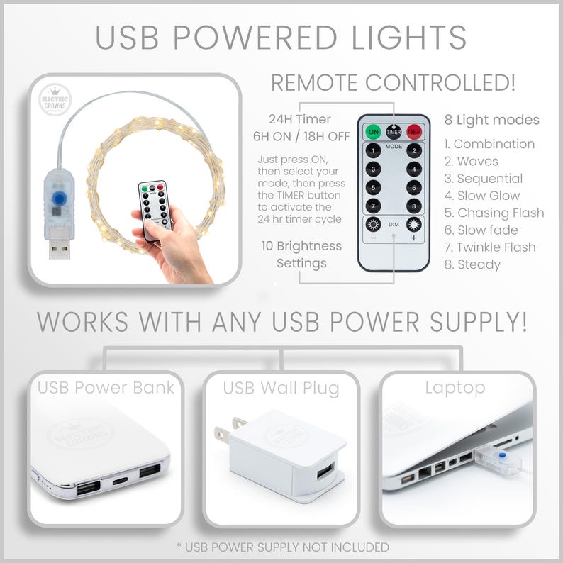 Puede incluir: Luces LED blancas de hadas con control remoto. El control remoto tiene botones para encender/apagar, modo, brillo y temporizador. Las luces se alimentan con un cable USB y se pueden usar con un banco de energ&iacute;a, un enchufe de pared o una computadora port&aacute;til. El texto en la imagen dice "Luces alimentadas por USB Control remoto! Temporizador 24H 6H ON / 18H OFF Simplemente presione ON, luego seleccione su modo, luego presione el bot&oacute;n TIMER para activar el ciclo del temporizador de 24 horas 10 Configuraciones de brillo 8 Modos de luz 1. Combinaci&oacute;n 2. Ondas 3. Secuencial 4. Brillo lento 5. Flash de persecuci&oacute;n 6. Desvanecimiento lento 7. Flash parpadeante 8. Estable Funciona con cualquier fuente de alimentaci&oacute;n USB! Banco de energ&iacute;a USB Enchufe de pared USB Computadora port&aacute;til * Fuente de alimentaci&oacute;n USB no incluida"