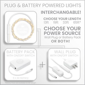 May include: Interchangeable battery-powered or plug-in LED fairy lights. Choose from 13ft, 19ft, 33ft, or 65ft lengths. Battery pack includes an on/off switch and requires 3 AA batteries. Wall plug also includes an on/off switch. *Battery pack not available for 65ft length.