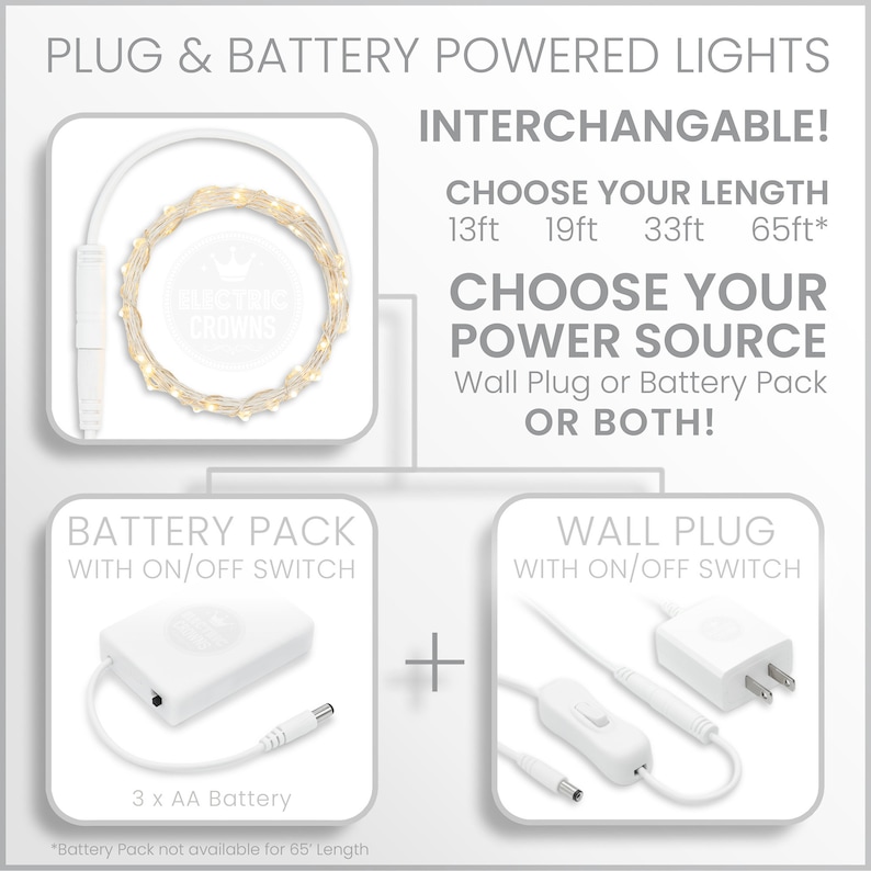 Peut inclure: Guirlande lumineuse LED interchangeable aliment&eacute;e par piles ou par prise. Choisissez parmi les longueurs suivantes&nbsp;: 4&nbsp;m, 6&nbsp;m, 10&nbsp;m ou 20&nbsp;m. Le pack de piles comprend un interrupteur marche/arr&ecirc;t et n&eacute;cessite 3 piles AA. La prise murale comprend &eacute;galement un interrupteur marche/arr&ecirc;t. *Le pack de piles n&rsquo;est pas disponible pour la longueur de 20&nbsp;m.
