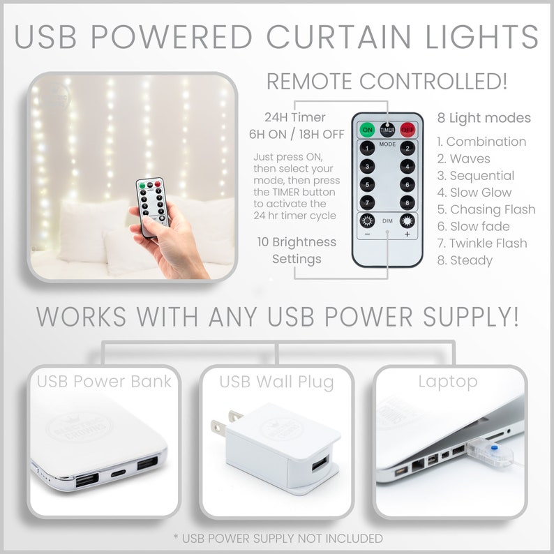 May include: White USB powered curtain lights with a remote control. The remote has buttons for on/off, timer, mode, and brightness. The lights can be powered by a USB power bank, USB wall plug, or laptop. The image text reads: "USB Powered Curtain Lights Remote Controlled! 24H Timer 6H ON / 18H OFF Just press ON, then select your mode, then press the TIMER button to activate the 24 hr timer cycle 10 Brightness Settings ON TIMER MODE DIM + 8 Light modes 1. Combination 2. Waves 3. Sequential 4. Slow Glow 5. Chasing Flash 6. Slow fade 7. Twinkle Flash 8. Steady WORKS WITH ANY USB POWER SUPPLY! USB Power Bank USB Wall Plug Laptop * USB POWER SUPPLY NOT INCLUDED"