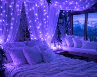 Purple Curtain Lights, Night Lights, Purple Decor For Bedroom, Ambient Lighting, Room Decor Lighting, Aesthetic Mood, 9.8ft x 9.8ft, 300 LED