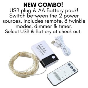 Op de afbeelding: Een nieuwe set lichtslingers met een USB-stekker en een AA-batterijpack. De set bevat een afstandsbediening, 8 knippermodi, een dimmer en een timer. De tekst "NEW COMBO!" staat bovenaan de afbeelding.