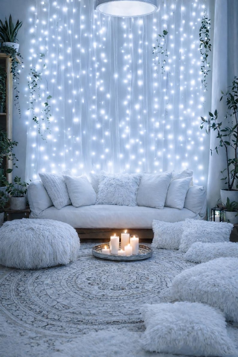 Op de afbeelding: Een gezellige, volledig witte woonkamer met een bank, kussens en een rond tapijt. Achter de bank hangt een gordijn van fee&euml;rieke lichtjes en kaarsen staan op een zilveren dienblad. Planten voegen een vleugje groen toe.