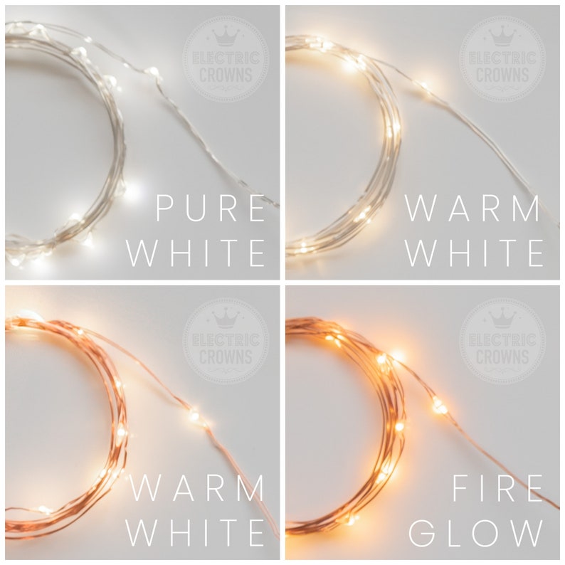 May include: Four images showing different types of fairy lights. The first image shows pure white fairy lights. The second image shows warm white fairy lights. The third image shows warm white fairy lights on copper wire. The fourth image shows fire glow fairy lights on copper wire.