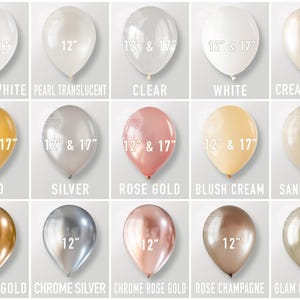 May include: A collection of balloons in various colors, including pearl white, gold, and chrome rose gold. Sizes are indicated as 12" and 17". The balloons are arranged in rows, showcasing a range of shades for party decorations.