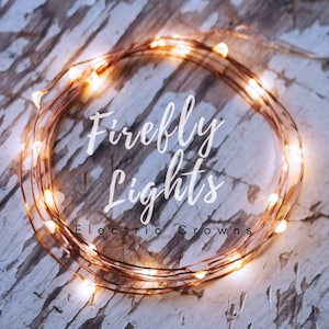 May include: A close-up of a string of firefly lights with warm white LEDs on a copper wire, arranged in a circle. The text reads "Firefly Lights" and "Electric Crowns". The lights are on a textured, light-coloured surface.