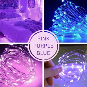 Op de afbeelding: Een collage van afbeeldingen met LED-slingerverlichting in roze, paars en blauw. E&eacute;n afbeelding toont een slaapkamer verlicht met paarse lichten. De andere afbeeldingen tonen de opgerolde lichten. De tekst in de afbeelding luidt "PINK PURPLE BLUE".