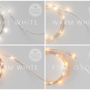 May include: Four images showing different types of copper wire fairy lights. The first image shows pure white lights, the second shows warm white lights, the third shows warm white lights, and the fourth shows fire glow lights.