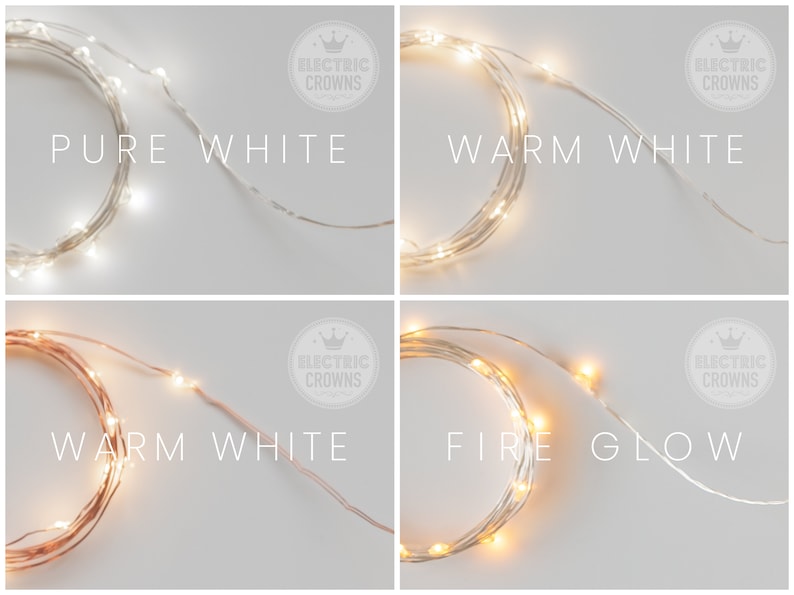 May include: Four images showing different types of copper wire fairy lights. The first image shows pure white lights, the second shows warm white lights, the third shows warm white lights, and the fourth shows fire glow lights.