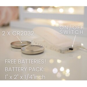 May include: Two silver CR2032 batteries, an on/off switch, and a battery pack measuring 1 inch by 2 inches by 1/4 inch. The text "FREE BATTERIES!" and "BATTERY PACK:" is printed on a white surface.