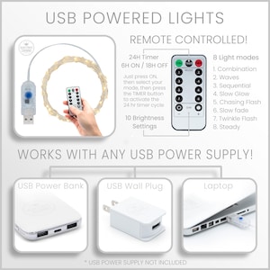 Peut inclure: Guirlande lumineuse LED blanche avec t&eacute;l&eacute;commande. La t&eacute;l&eacute;commande poss&egrave;de des boutons pour marche/arr&ecirc;t, mode, luminosit&eacute; et minuterie. Les lumi&egrave;res sont aliment&eacute;es par un c&acirc;ble USB et peuvent &ecirc;tre utilis&eacute;es avec une batterie externe, une prise murale ou un ordinateur portable. Le texte de l'image indique : "Lumi&egrave;res aliment&eacute;es par USB Command&eacute;es &agrave; distance ! Minuterie 24H 6H ON / 18H OFF Appuyez simplement sur ON, s&eacute;lectionnez ensuite votre mode, puis appuyez sur le bouton TIMER pour activer le cycle de minuterie de 24 heures 10 R&eacute;glages de luminosit&eacute; ON MODE DIM + 8 Modes d'&eacute;clairage 1. Combinaison 2. Vagues 3. S&eacute;quentiel 4. Lueur lente 5. Flash de poursuite 6. D&eacute;coloration lente 7. Flash scintillant 8. Stable FONCTIONNE AVEC TOUTE ALIMENTATION USB ! Batterie externe USB Prise murale USB Ordinateur portable * ALIMENTATION USB NON INCLUSE"