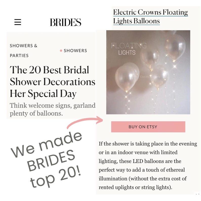 May include: Image from BRIDES magazine featuring bridal shower decorations. The image highlights clear balloons with LED lights, perfect for adding ethereal illumination. The text reads "The 20 Best Bridal Shower Decorations Her Special Day."
