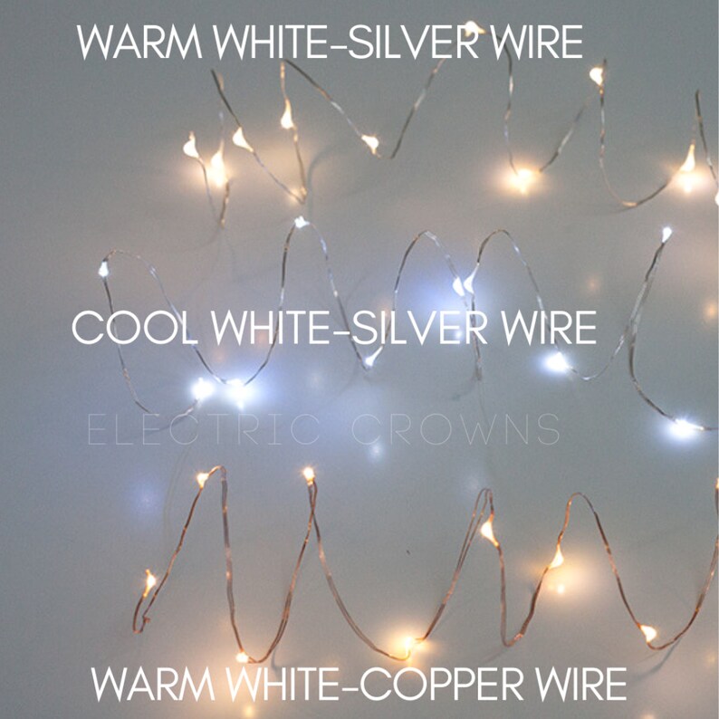 Op de afbeelding: Afbeelding van drie sets fee&euml;rieke lichtjes. De bovenste en middelste sets hebben zilverkleurige draad met warm en koel wit licht. De onderste set heeft warm wit licht op koperdraad. Tekst: "WARM WHITE-SILVER WIRE", "COOL WHITE-SILVER WIRE", en "WARM WHITE-COPPER WIRE".