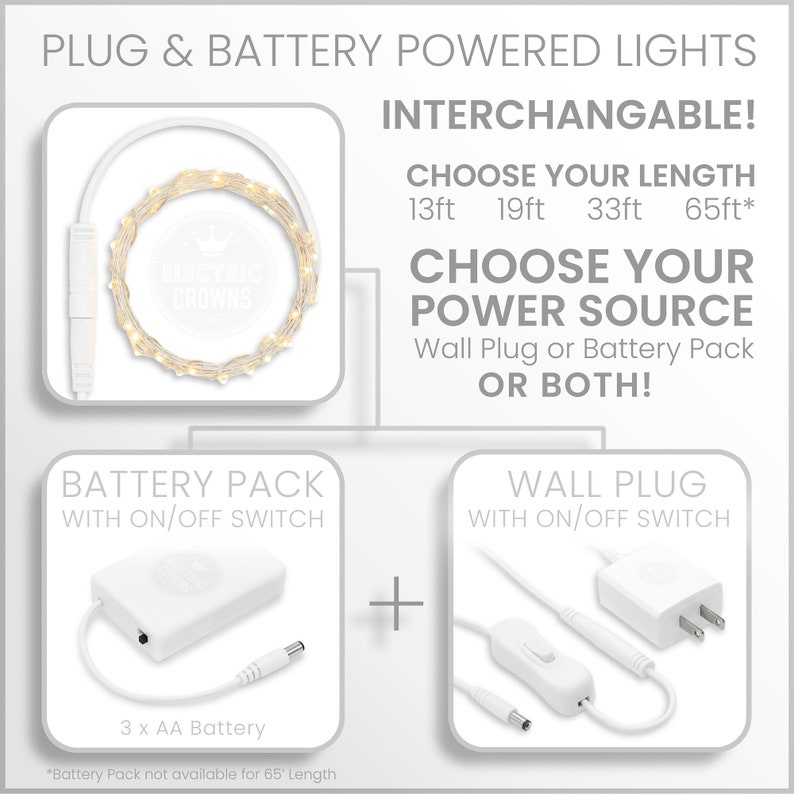 Puede incluir: Luces LED de hadas intercambiables alimentadas por bater&iacute;a o enchufe. Elija entre las longitudes de 4 m, 6 m, 10 m o 20 m. El paquete de bater&iacute;as incluye un interruptor de encendido/apagado y requiere 3 bater&iacute;as AA. El enchufe de pared tambi&eacute;n tiene un interruptor de encendido/apagado. *El paquete de bater&iacute;as no est&aacute; disponible para la longitud de 20 m.