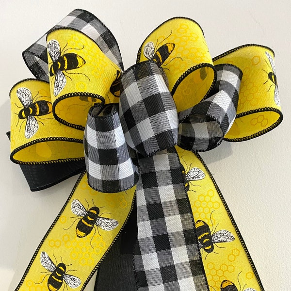 Bee Wreath Bow, Summer Wreath Bow, Finished Bee Ribbon