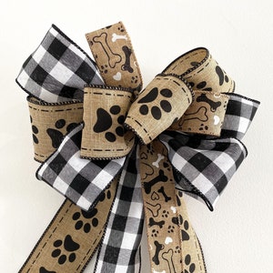 Dog Print Wreath Bow, Burlap Dog Lovers Ribbon, Burlap and Buffalo Check Ribbon