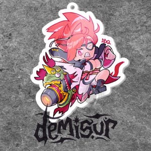 May include: A pink and red anime character with red hair and a black and white outfit riding a green and gold dragon-like creature with a large cannon. The character is wearing glasses and has a determined expression. The text "DEMISUR" is written in black below the character.