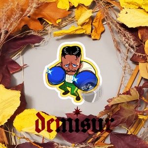 May include: A cartoon sticker of a man wearing a green and white outfit with blue boxing gloves. The man has a mustache and a serious expression. The sticker is on a white background with the word "dennis" written in black below it.