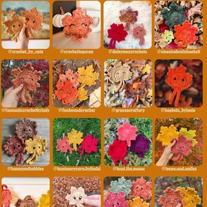 May include: A collage of 12 crocheted leaf ornaments in various colors, including red, orange, yellow, brown, and green. Each leaf has a smiling face and is made with a fuzzy yarn. The leaves are arranged in a grid pattern with the maker's Instagram handle below each leaf.