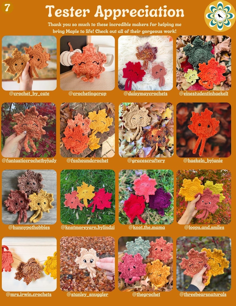 May include: A collage of 12 crocheted leaf ornaments in various colors, including red, orange, yellow, brown, and green. Each leaf has a smiling face and is made with a fuzzy yarn. The leaves are arranged in a grid pattern with the maker's Instagram handle below each leaf.