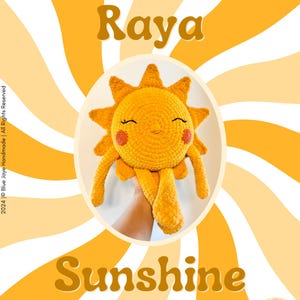 以下が含まれることがあります： 「Raya Sunshine」と呼ばれる、笑顔の黄色い太陽のクロシェパターン。パターンは@bluejayehandmadeによるものです。