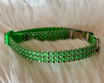 Peridot Green Rhinestone Dog Collar: Green Nylon, Metal Buckle, 1/2" Wide