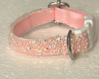 Pink Gems, pink satin lined. small dog collar. Diamanté, elegant, wear every day!!