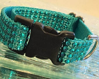 Turquoise Rhinestone BLING Dog Collar Puppy Small Collar 3/4"  Wide Teal Nylon Girl Boy Plastic Buckle Diamond Crystal Adjustable Glam Fancy