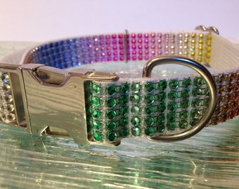 Rhinestone Rainbow Bling Dog Collar Metal Buckle Elegant Sparkle Diamond Crystal Small Medium Large  Girl Boy Fancy, Glam