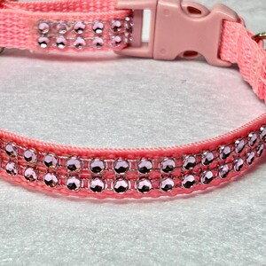 May include: A pink nylon dog collar with a plastic buckle and two rows of pink rhinestones.