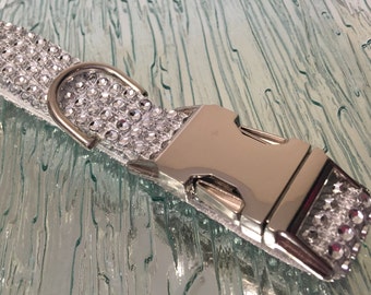 Silver Rhinestone Bling Dog Collar with a silver Metal buckle.  White 3/4&quot; Nylon plus it&#39;s Adjustable and washable.