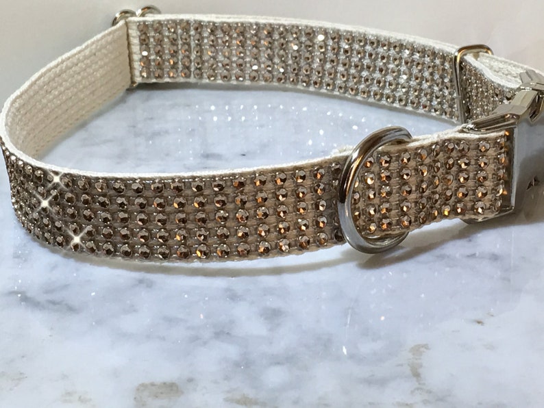 READY TO SHIP Champagne Rhinestone Bling Dog Collar Fits 14-20 Natural Cotton Metal Buckle Sensitive Skin Adjustable Fancy Glam