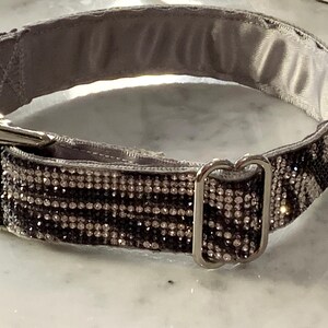 May include: A grey dog collar with a silver buckle and a row of rhinestones.