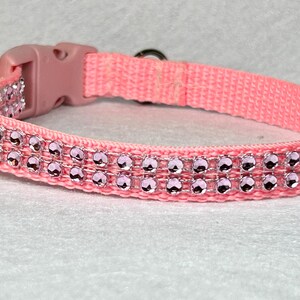 May include: A pink nylon dog collar with a silver buckle and two rows of pink rhinestones.