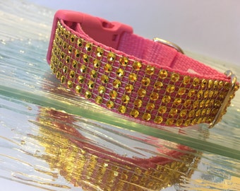 Roze nylon hondenhalsband, gouden faux strass-bling, glamour
