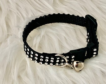 Silver Rhinestone Bling Puppy Collar, Black Nylon, Machine Washable