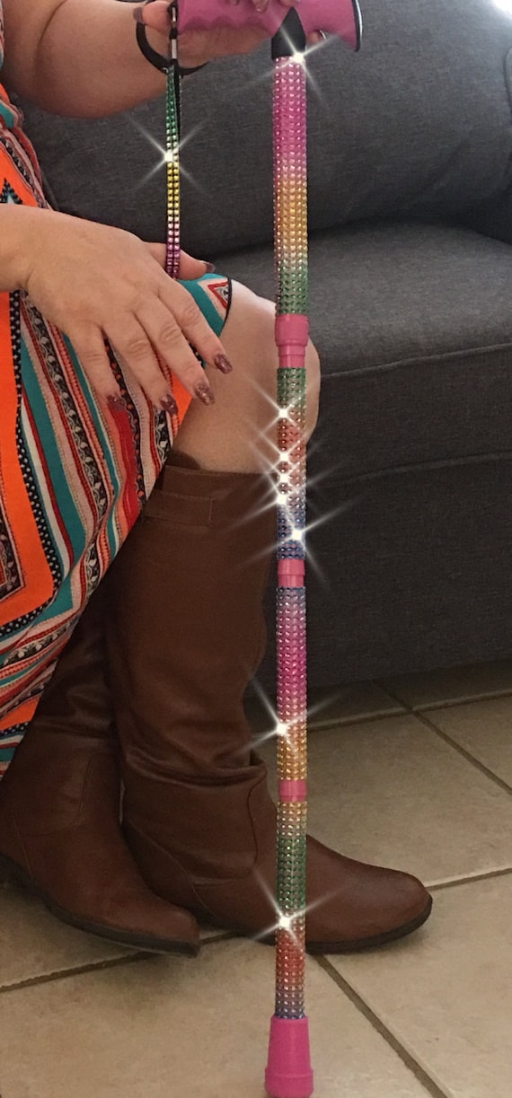 Bling Walking Cane. Rainbow Bling. Black Grip. Not Folding 