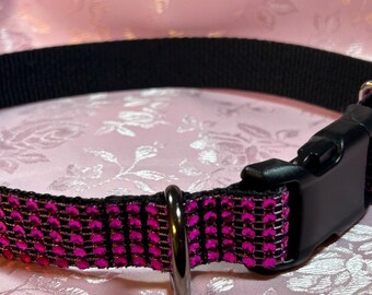 Hot Pink Faux Gems/Rhinestones. Diamanté Dog Collar.  Black Nylon backing. Perfect gift! One inch wide. Machine washable. Adjustable.