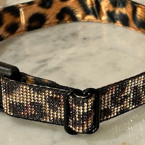 Puede incluir: Un collar de perro negro y dorado con un diseño de estampado de leopardo. El collar tiene una hebilla negra y un anillo en D negro.