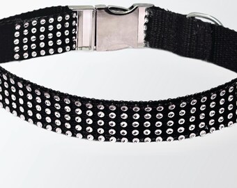 Silver bling on black nylon Dog Collar. Quick release metal buckle. Elegant, sparkly, washable. One inch wide. Gift