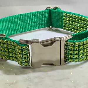 Peridot Green Rhinestone Bling Dog Collar: Bright Nylon, Metal Buckle