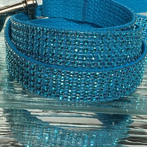 Cotton Teal Blue Turquoise Rhinestone Bling Dog Leash 1&quot; Wide Elegant Sparkle Fancy  Handmade