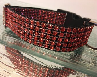 Red Rhinestone Bling Dog Collar Cotton or Nylon Small Medium Large Pet Sparkle Elegant Girl Boy Adjustable Fancy Glam